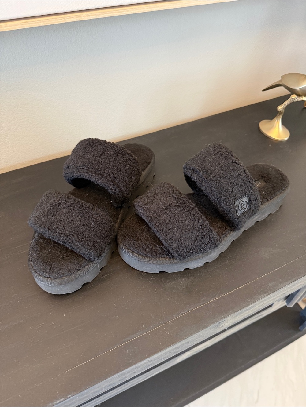 Michael Kors Black Fuzzy Double-Strap Slide Sandals